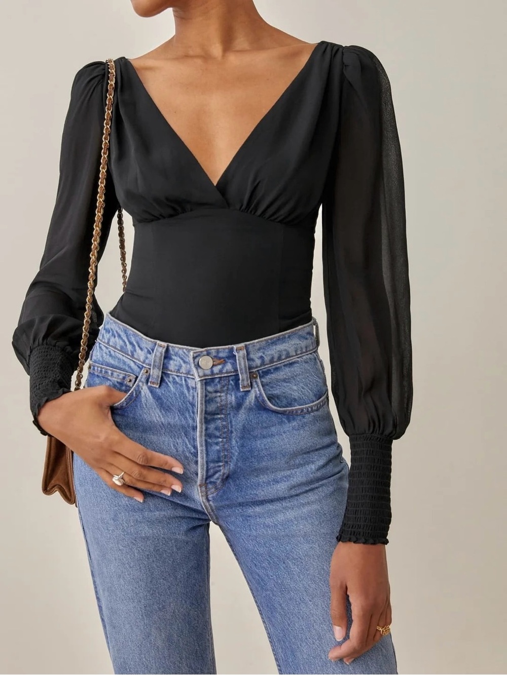 Reformation Michel Top Blouse Black Smocked Back Tie Long-Sleeve Size 6